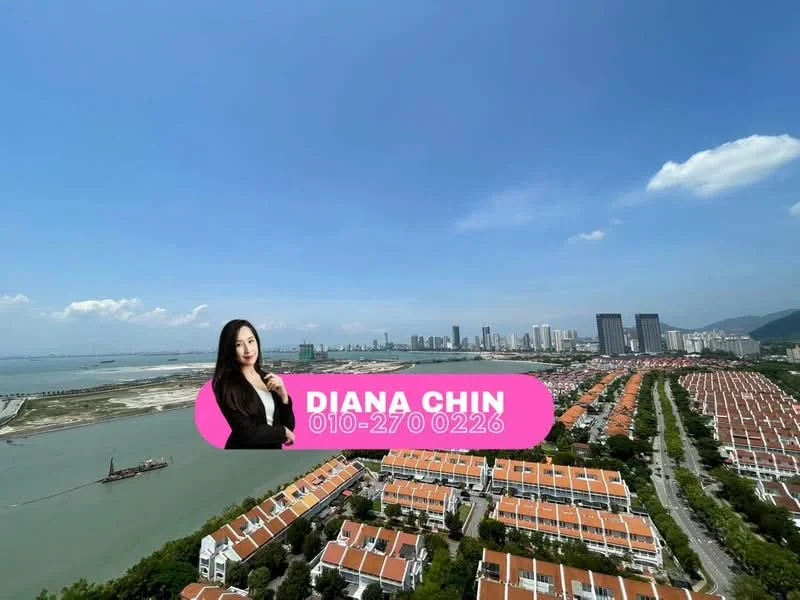 Exterior features: city skyline, waterfront view, row of linked terrace houses, green landscaping, clear blue sky, urban development in background; style: modern.