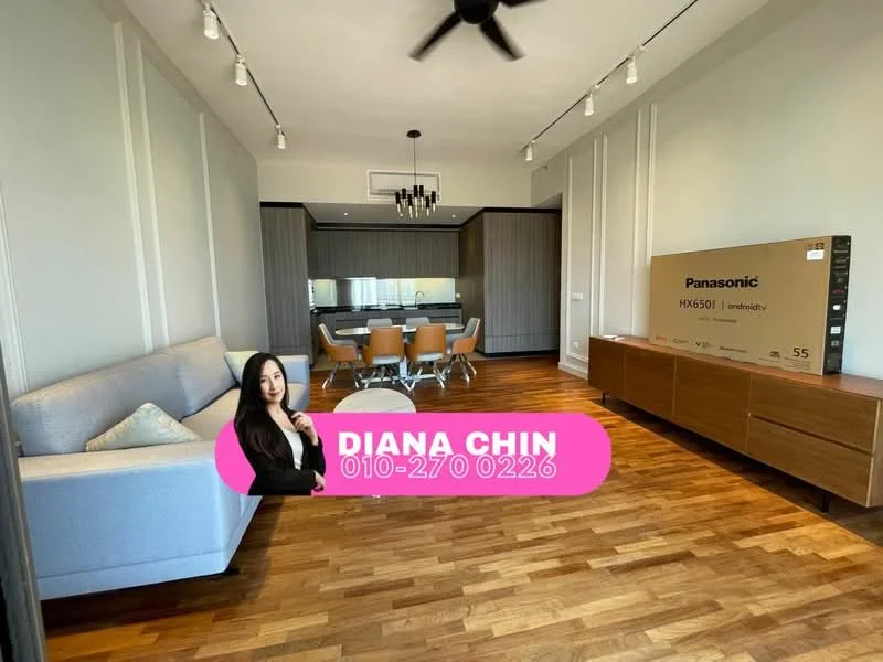 Living features: light wood flooring, grey fabric sofa, wooden TV console, 55-inch television, recessed downlights, ceiling fan, dining area in background, large windows, neutral wall color, decorative wall paneling; style: modern.