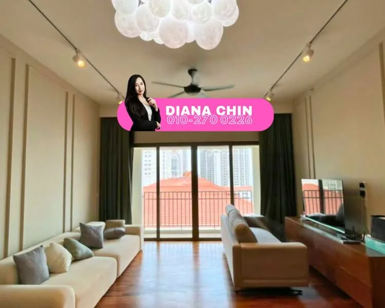 Living features: wooden flooring, white painted walls, ceiling fan, recessed downlights, large windows with city view, sofa with cushions, TV console, wall-mounted TV, decorative wall art, curtains, coffee table; style: modern; view: city.