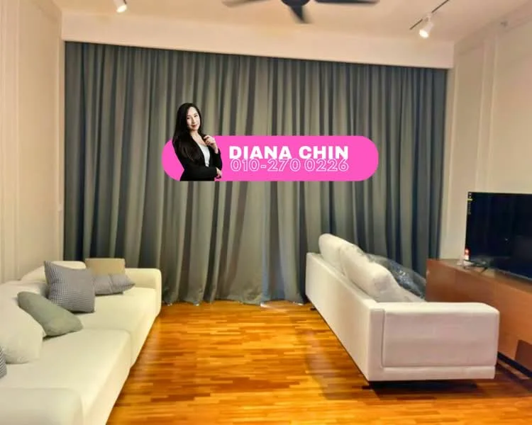Living features: light grey fabric sofa, white leather sofa, wooden flooring, grey curtains, wall-mounted TV, TV console, decorative cushions, recessed lighting, ceiling fan; style: modern.