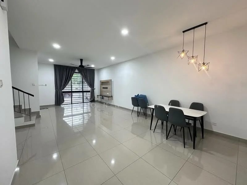 Living features: white painted walls, glossy ceramic tile flooring, 5-blade ceiling fan with light, large sliding glass door, floor-to-ceiling windows, grey curtains, modern pendant lighting, dining table with four chairs, wall-mounted TV console; style: modern; view: garden.