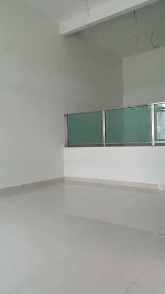 Room features: white painted walls, glossy ceramic tile flooring, glass partition, high ceiling, no visible lighting fixtures, neutral color scheme; style: modern.