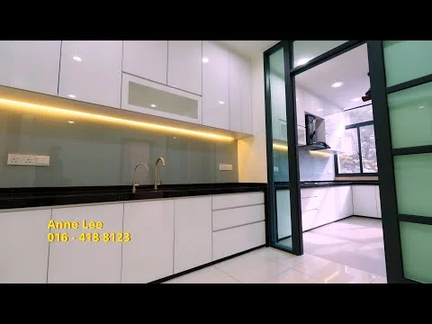 Kitchen features: white flat-panel cabinets, black granite countertop, single-bowl stainless-steel sink, chrome pull-down faucet, built-in oven, freestanding range oven, ceramic tile flooring, recessed LED downlights, glass backsplash, open shelving, sliding glass door, window with natural light; style: modern.