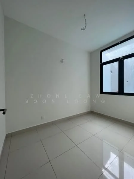Room features: white painted walls, grey tiled flooring, large window with black frame, ceiling light fixture, corner wall-mounted light, no visible furniture.