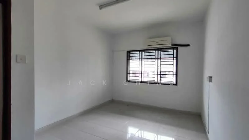 Room features: white painted walls, glossy tile flooring, 1 wall-mounted split AC, large window with grid design, ceiling light fixture, neutral color scheme; style: modern.