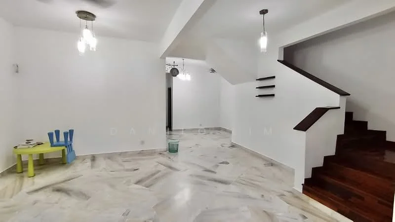 Room features: white painted walls, marble tile flooring, staircase with wooden steps, pendant lighting fixtures, ceiling fan, open layout, corner table with blue legs, green paint bucket; style: modern.