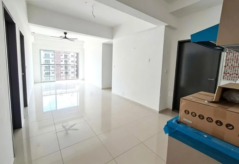 Living features: white painted walls, polished ceramic tile flooring, 5-blade ceiling fan, floor-to-ceiling windows, natural light, open layout, neutral color scheme, no visible furniture; style: modern; view: city. Kitchen features: kitchen cabinetry, countertop, box of items, open layout to living area; style: modern.