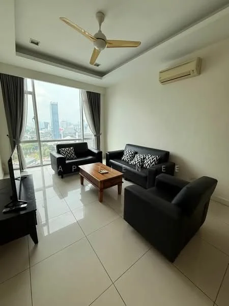 Living features: 3-seater fabric sofa in black, 2-seater fabric sofa in black, wood coffee table, floor-to-ceiling windows, city view, white painted walls, glossy tile flooring, 5-blade ceiling fan, wall-mounted air conditioning unit, curtains in grey; style: modern; view: city.