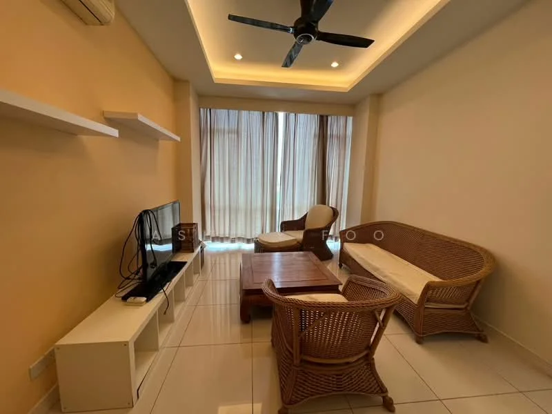 Living features: white painted walls, glossy tile flooring, tray ceiling with recessed lighting, 5-blade ceiling fan, large window with sheer curtains, rattan armchair, rattan sofa with cushions, wooden coffee table, TV console, wall-mounted TV, open shelving; style: modern.