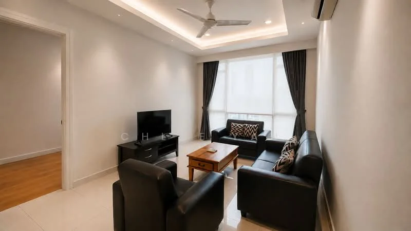 Living features: 3-seater leather sofa in black, 2-seater leather sofa in black, wooden coffee table, TV console, wall-mounted TV, floor-to-ceiling windows, sheer curtains, recessed downlights, ceiling fan, light-coloured walls, tile flooring; style: modern.