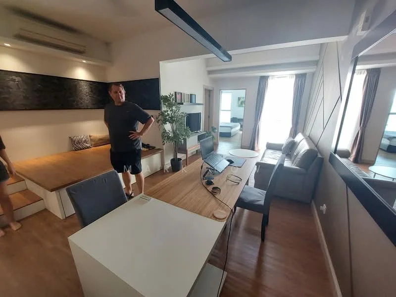 Living features: wooden flooring, white painted walls, recessed downlights, floor-to-ceiling windows, grey fabric sofa, coffee table, study desk with chair, decorative plant, wall-mounted TV, open shelving, area rug, curtains, dining table with chairs; style: modern; view: city.