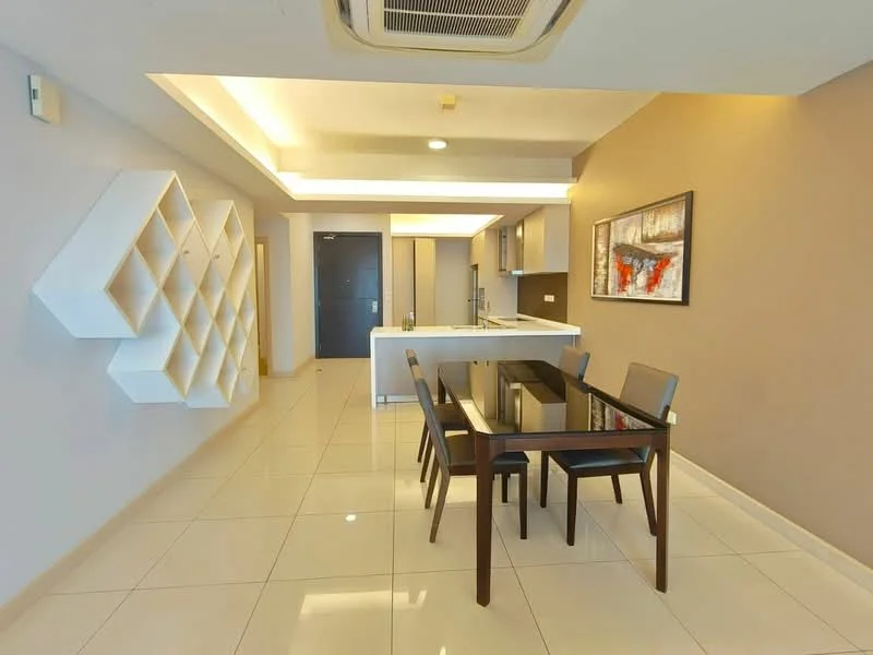 Dining features: rectangular dining table with black finish, 4 black dining chairs, white wall-mounted shelving unit, cream painted walls, recessed LED downlights, glossy tile flooring, air conditioning unit, open-plan layout to kitchen, kitchen island visible in background; style: modern.