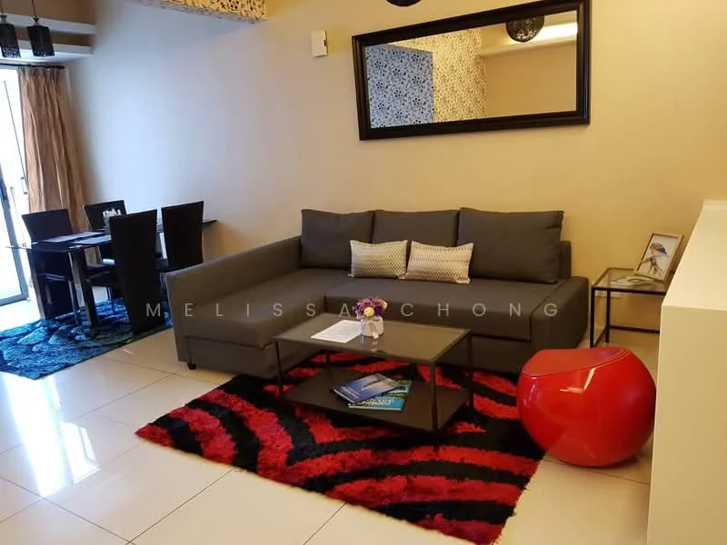 Living features: grey fabric L-shape sectional sofa, black coffee table, red bean bag, area rug with red and black stripes, floor-to-ceiling windows, curtains, decorative wall art, wall-mounted light fixture, dining table with black chairs in background, ceramic tile flooring; style: modern.