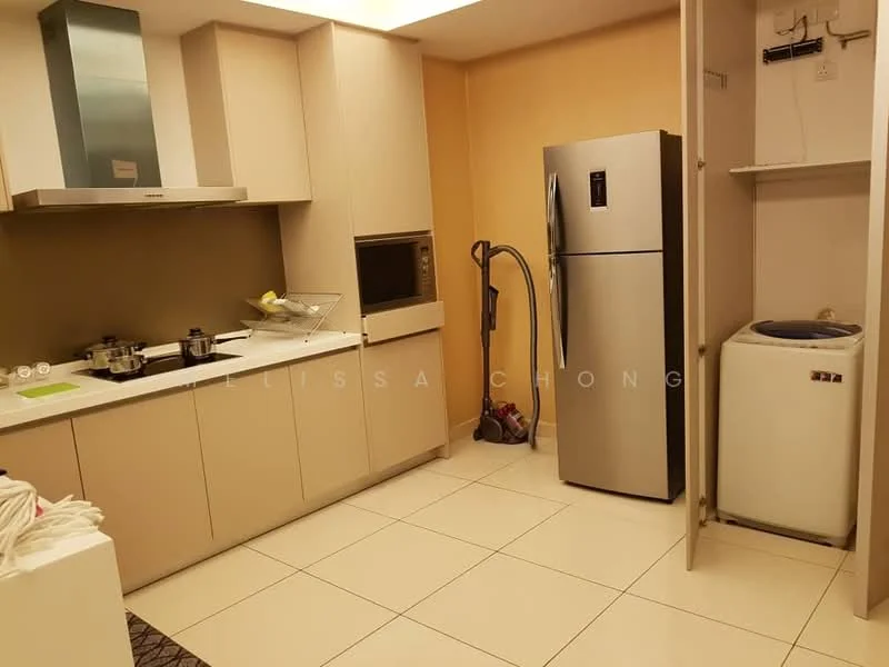 Kitchen features: white cabinetry, stainless-steel refrigerator, built-in oven, microwave, ceramic tile flooring, grey countertop, stainless-steel sink, chrome pull-down faucet, vacuum cleaner, front-load washing machine, wall-mounted extractor hood; style: modern.