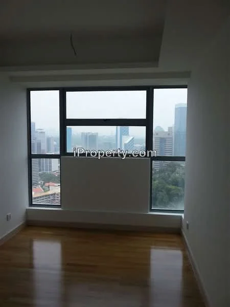 Room features: large floor-to-ceiling window, city skyline view, light wood flooring, white painted walls, ceiling with recessed lighting; style: modern; view: city.