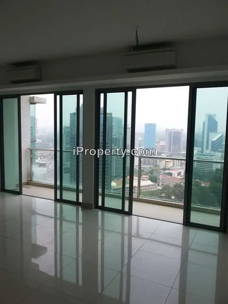 Room features: floor-to-ceiling windows, sliding glass door, white walls, polished tile flooring, 2 wall-mounted split ACs, city view; style: modern; view: city.