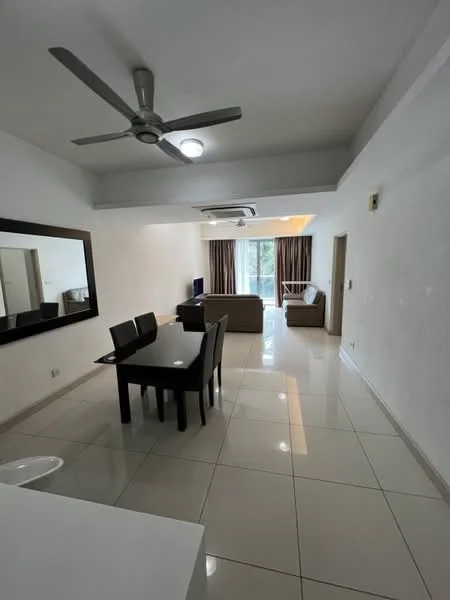 Living features: white painted walls, glossy ceramic tile flooring, 5-blade ceiling fan with light, recessed downlights, large sliding glass door, floor-to-ceiling windows, brown fabric sofa, dining table with four black chairs, TV console, mirror on wall; style: modern; view: garden.