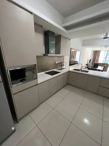 Kitchen features: light grey cabinetry, white countertop, stainless-steel sink, chrome pull-down faucet, built-in microwave, built-in oven, ceramic tile flooring, recessed downlights, open shelving, kitchen island, floor-to-ceiling windows, view of living area; style: modern; view: garden.