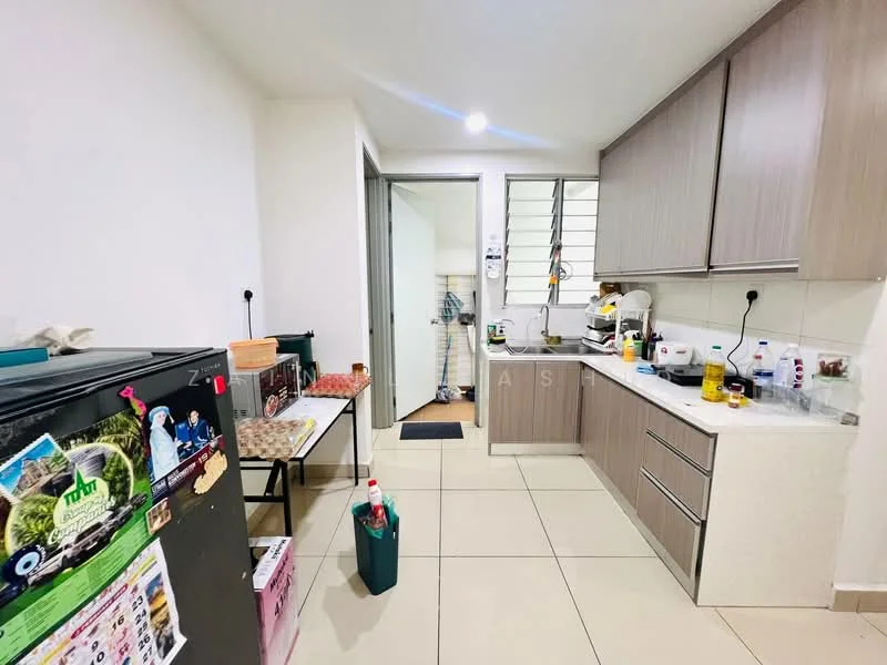 Kitchen features: light brown cabinetry, white countertop, stainless-steel sink, chrome pull-down faucet, built-in oven, freestanding range oven, ceramic tile flooring, refrigerator, wall-mounted shelves, various kitchen appliances, open layout, neutral wall color, window for natural light; style: modern.