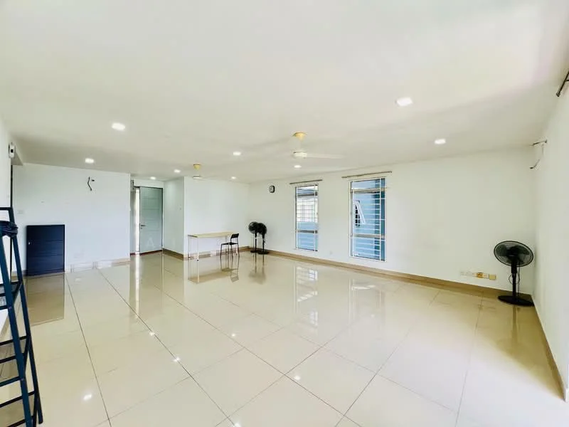 Living features: white painted walls, glossy ceramic tile flooring, recessed downlights, 5-blade ceiling fan, wall-mounted fan, large windows with blinds, dining table, clock on wall, open layout, neutral color scheme; style: modern.
