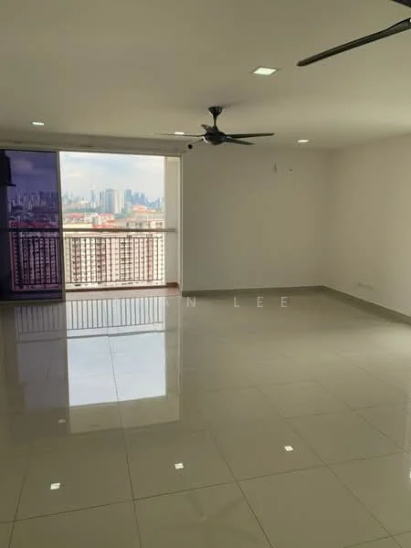 Living features: white painted walls, glossy ceramic tile flooring, 5-blade ceiling fan with light, floor-to-ceiling sliding glass door, city skyline view, recessed downlights; style: modern; view: city.