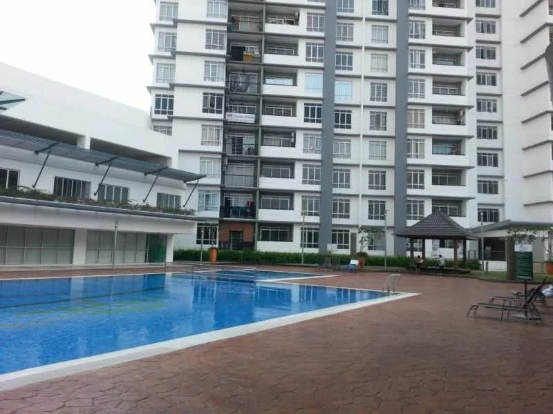 Exterior type: high-rise condominium; features: swimming pool, pool deck with loungers, landscaped garden area, covered gazebo, multiple-storey building, glass curtain wall, balconies on upper floors, manicured lawn; style: modern.