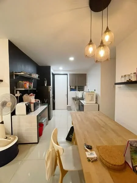 Kitchen features: white tiled flooring, black accent wall, wooden dining table, white plastic chairs, 3-bulb pendant lighting, open shelving, stainless-steel fridge, white countertop microwave, white ceramic sink, kettle, toaster, fan, cabinetry with doors, window with blinds; style: modern.