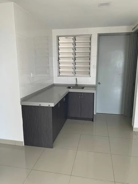 Kitchen features: grey laminate countertop, dark wood cabinetry, stainless-steel sink, chrome faucet, white tiled walls, glossy ceramic tile flooring, sliding window with metal grilles, built-in cabinetry, open layout; style: modern.