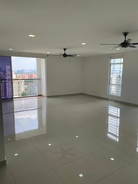 Living features: white painted walls, polished ceramic tile flooring, recessed LED downlights, 2 ceiling fans, floor-to-ceiling windows, sliding glass door, balcony access, city view; style: modern; view: city.