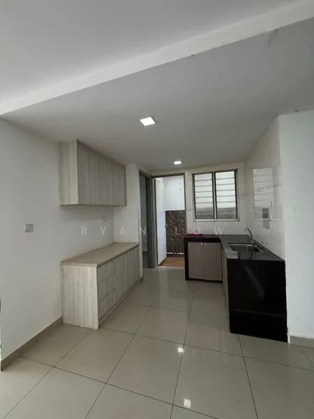 Kitchen features: white painted walls, cream cabinetry, black countertop, single-bowl stainless-steel sink, chrome pull-down faucet, tile flooring, recessed downlights, built-in cabinets, window with grid pattern, open layout; style: modern.