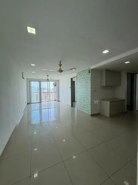 Living features: white painted walls, glossy ceramic tile flooring, 5-blade ceiling fan, recessed LED downlights, large sliding glass door, floor-to-ceiling windows, green accent wall with floral pattern, built-in cabinetry, open layout, natural light from windows; style: modern; view: city.
