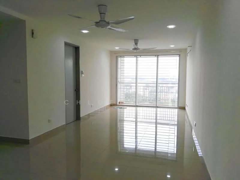 Living features: white painted walls, glossy ceramic tile flooring, 2 ceiling fans, recessed downlights, floor-to-ceiling windows, sliding glass door, balcony view, neutral color scheme; style: modern; view: city.