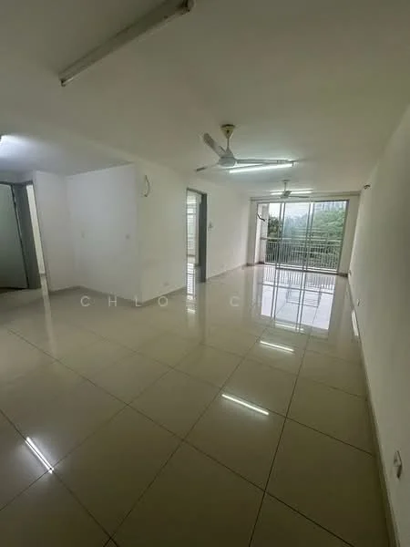 Room features: white painted walls, glossy ceramic tile flooring, recessed downlights, 2 ceiling fans, floor-to-ceiling windows, sliding glass door, balcony access, natural light; style: modern; view: garden.