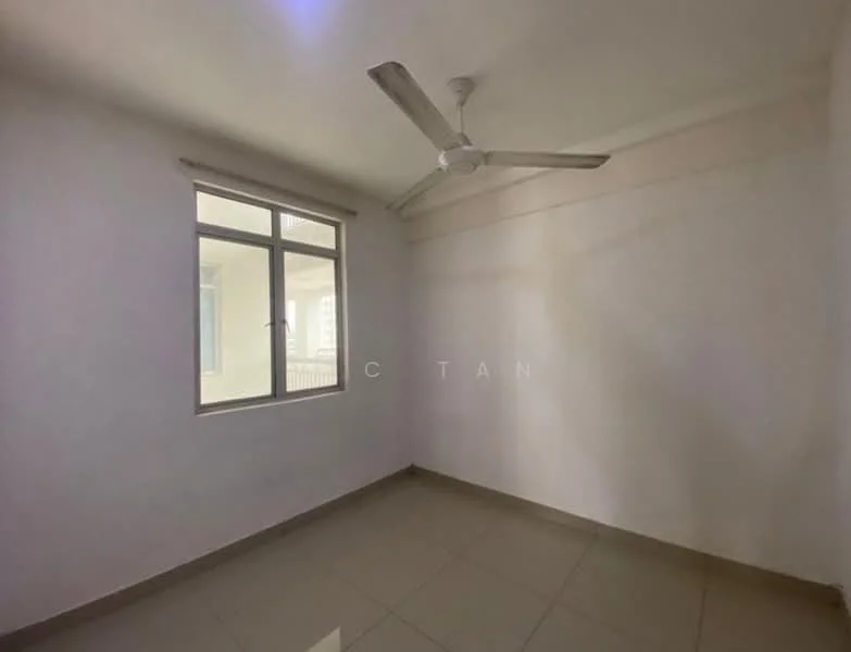 Room features: white painted walls, ceiling fan, floor-to-ceiling window, tile flooring, natural light from window.