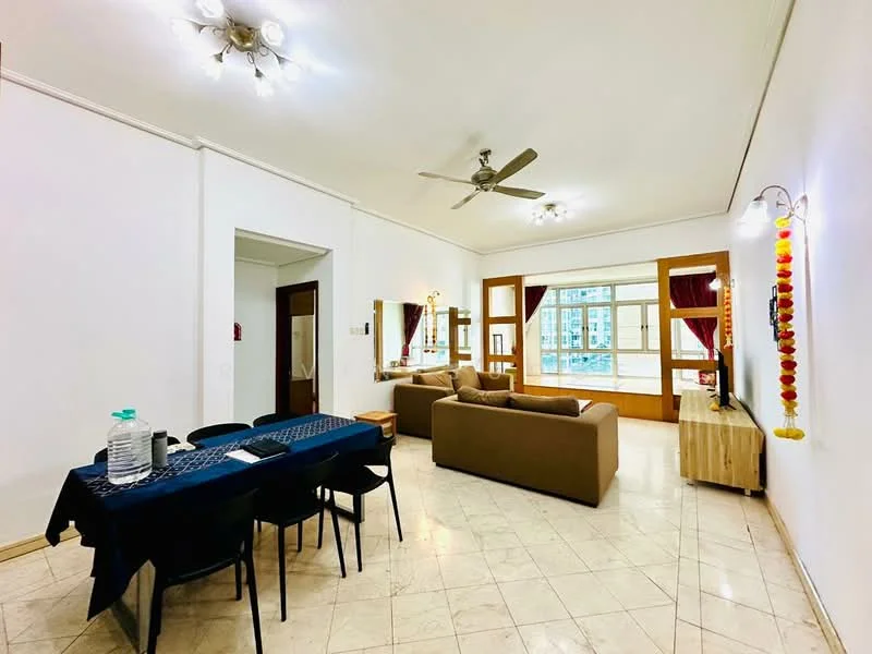 Living features: cream painted walls, marble tile flooring, 5-blade ceiling fan with light, sofa in brown fabric, coffee table, TV console, wall-mounted TV, floor-to-ceiling windows, sheer curtains, decorative wall lights, dining table with black tablecloth, 4 black dining chairs, decorative wall hanging; style: contemporary; view: city.