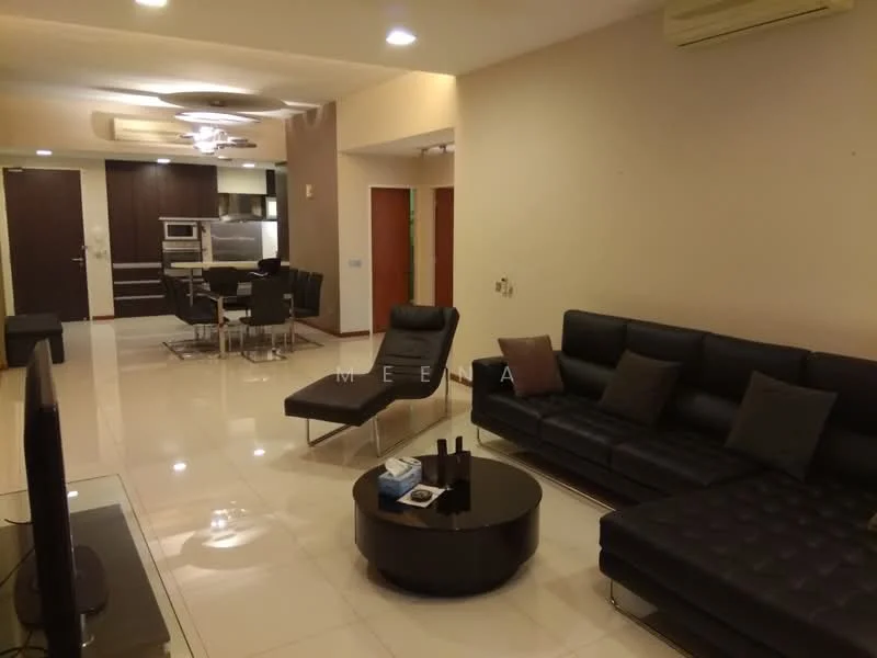 Living features: 3-seater leather sofa in black, chaise lounge chair, round coffee table, wall-mounted TV, TV console, recessed downlights, ceiling fan, cream painted walls, glossy tile flooring, decorative wall art, open-plan layout to dining area, large windows with natural light; style: modern. Dining features: 6-seater dining table, upholstered dining chairs, open-plan layout to living area, cream painted walls, glossy tile flooring; style: modern.