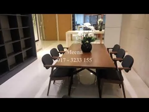 Dining features: wooden dining table, 6 upholstered dining chairs, decorative centerpiece with flowers, white tiled flooring, neutral wall color, built-in shelving unit, recessed lighting, open layout, large windows, modern decor; style: modern.