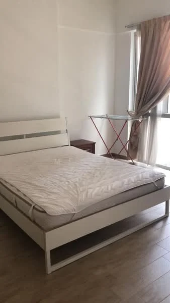 Bedroom features: queen-size bed, white bed frame, wooden flooring, floor-to-ceiling windows, sheer curtains, wooden nightstand, ironing board, white painted walls; style: modern.