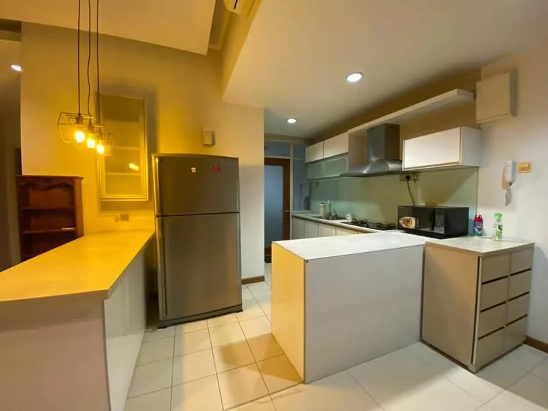 Kitchen features: white cabinetry, stainless-steel fridge, built-in microwave, stainless-steel range hood, 4-burner gas hob, white countertop, tile backsplash, pendant lighting, single-bowl stainless-steel sink, drawer storage, open shelving, tile flooring; style: modern.