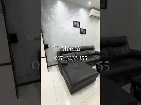 Living features: black leather sectional sofa, coffee table, wall-mounted air conditioning unit, white tiled flooring, grey accent wall, decorative wall panels, recessed ceiling lights, wall-mounted shelving; style: modern.