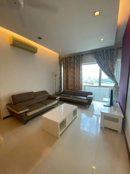 Living features: 2-seater fabric sofa in grey, 3-seater fabric sofa in grey, white coffee table, floor-to-ceiling windows, curtains with geometric pattern, wall-mounted TV, recessed downlights, wall-mounted air conditioning unit, cream painted walls, glossy tile flooring; style: modern; view: city.