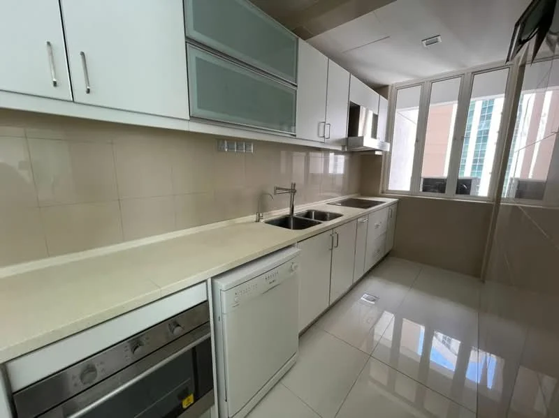 Kitchen features: white cabinetry with glass panels, cream quartz countertop, double-bowl stainless-steel sink, chrome pull-down faucet, built-in oven, freestanding dishwasher, ceramic tile backsplash, white tiled walls, polished ceramic tile flooring, floor-to-ceiling windows, natural light from windows; style: modern; view: city.