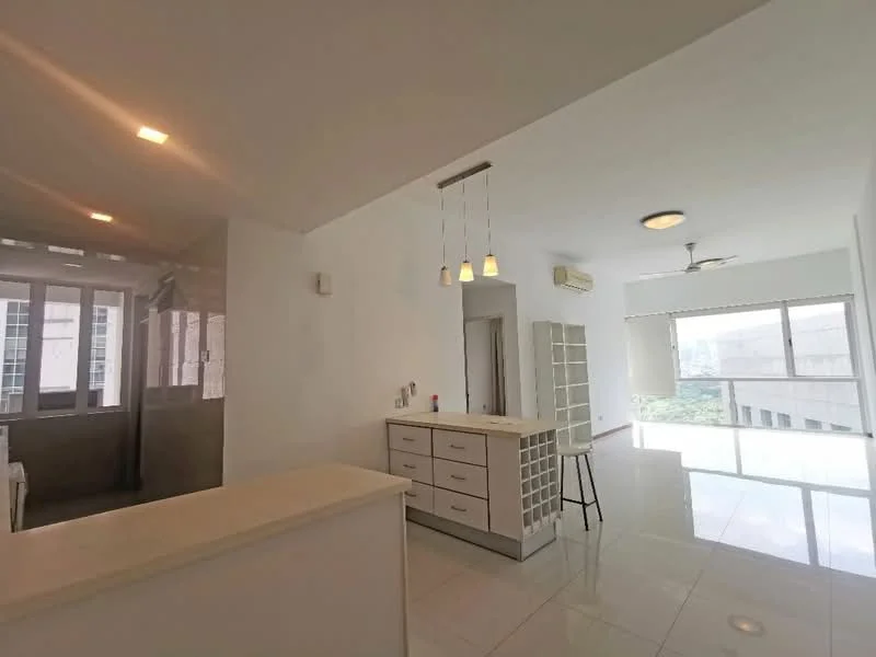 Room features: white painted walls, glossy tile flooring, recessed downlights, pendant lighting, ceiling fan, large windows with city view, open layout, kitchen island with storage, bar stool, glass sliding door, natural light; style: modern; view: city.