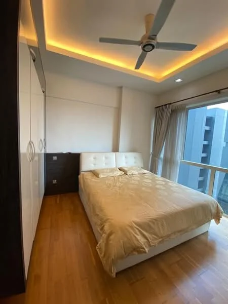 Bedroom features: king-size bed with beige bedding, upholstered headboard, wooden flooring, built-in wardrobe with white doors, ceiling fan with light, floor-to-ceiling windows, sheer curtains, recessed lighting, decorative ceiling with cove lighting; style: modern.