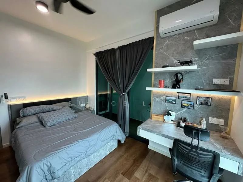 Bedroom features: queen-size bed with grey bedding, grey accent wall, white painted walls, wooden flooring, floor-to-ceiling windows, blackout curtains, air conditioning unit, desk with chair, shelves with decorative items, LED strip lighting, wall-mounted decor, bedside table with lamp; style: modern; view: city.
