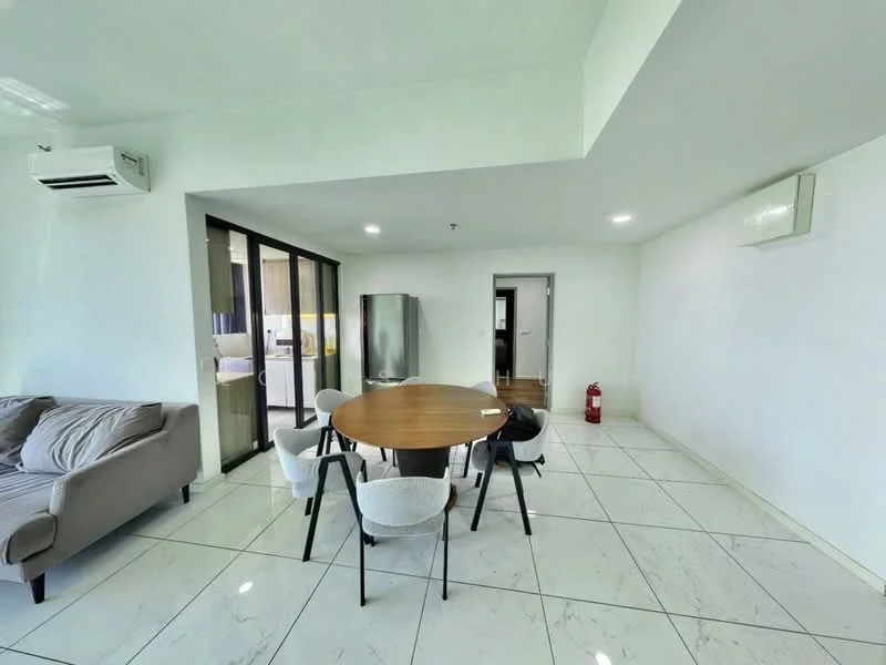Dining features: round wooden dining table, 4 upholstered dining chairs, white tiled flooring, wall-mounted split AC, floor-to-ceiling glass sliding doors, grey fabric sofa, stainless-steel fridge, fire extinguisher, white painted walls, recessed downlights; style: modern. Room features: white painted walls, white tiled flooring, recessed downlights.