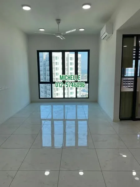 Living features: white painted walls, polished marble tile flooring, 5-blade ceiling fan with light, floor-to-ceiling windows, city view, wall-mounted split AC; style: modern; view: city.