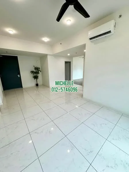 Room features: white painted walls, marble tile flooring, ceiling fan, wall-mounted split AC, potted plant, recessed downlights, doorway leading to another room; style: modern.