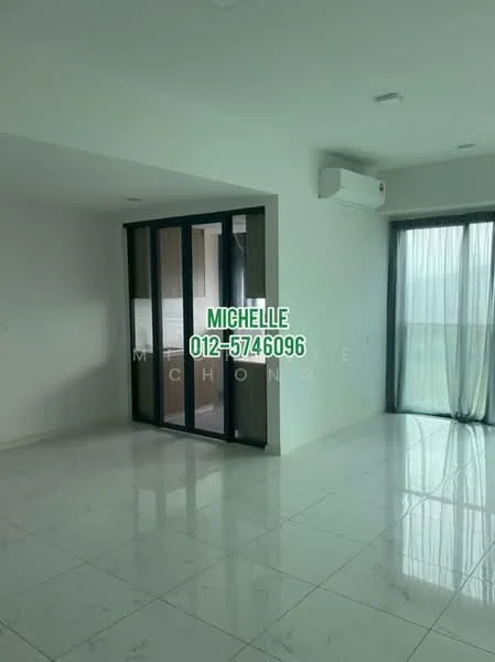 Room features: white painted walls, marble tile flooring, floor-to-ceiling windows, sliding glass door, wall-mounted split AC, recessed downlights; style: modern; view: city.