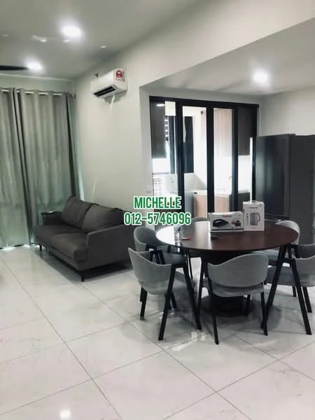 Living features: 3-seater fabric sofa in grey, round dining table, 4 upholstered dining chairs, marble tile flooring, wall-mounted split AC, floor-to-ceiling windows, sheer curtains, refrigerator, microwave, kitchen area visible in background; style: modern.